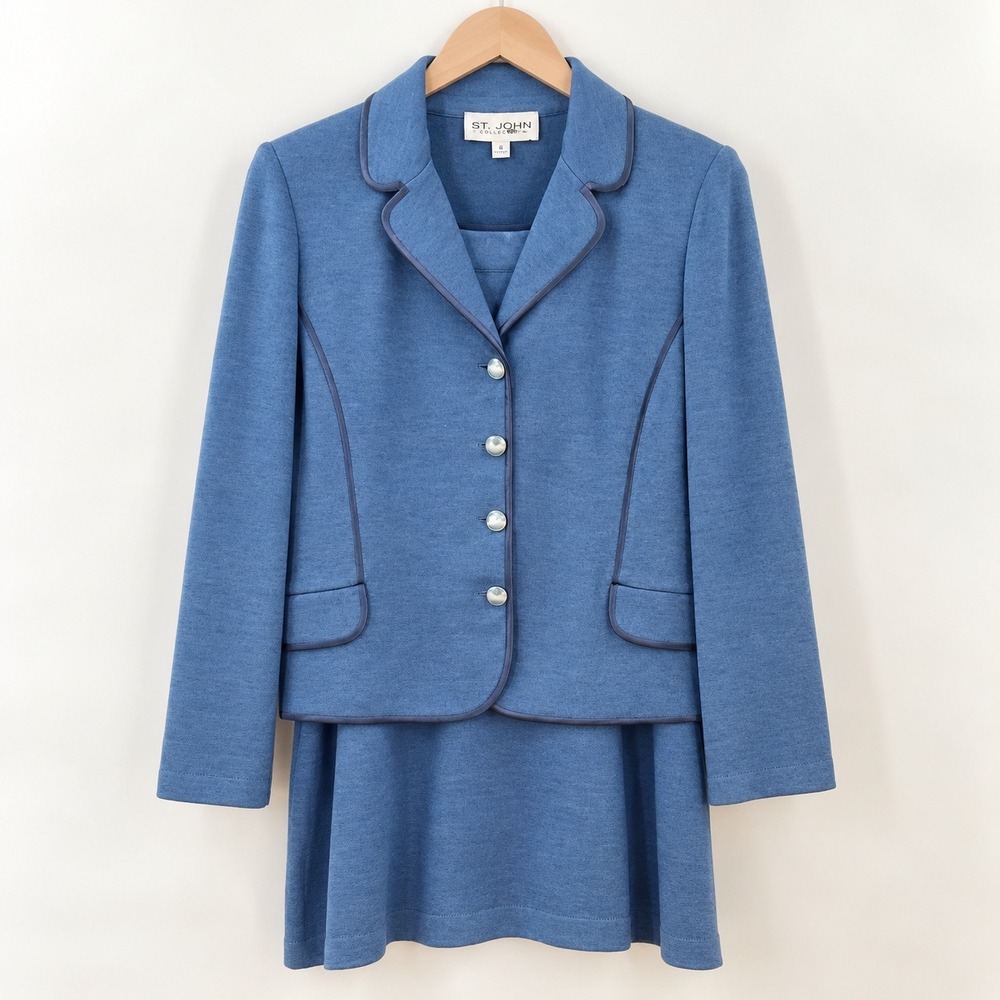 St John Collection Old‎ Money Skirt Suit Women 10 Blue Coquette Preppy Luxury
